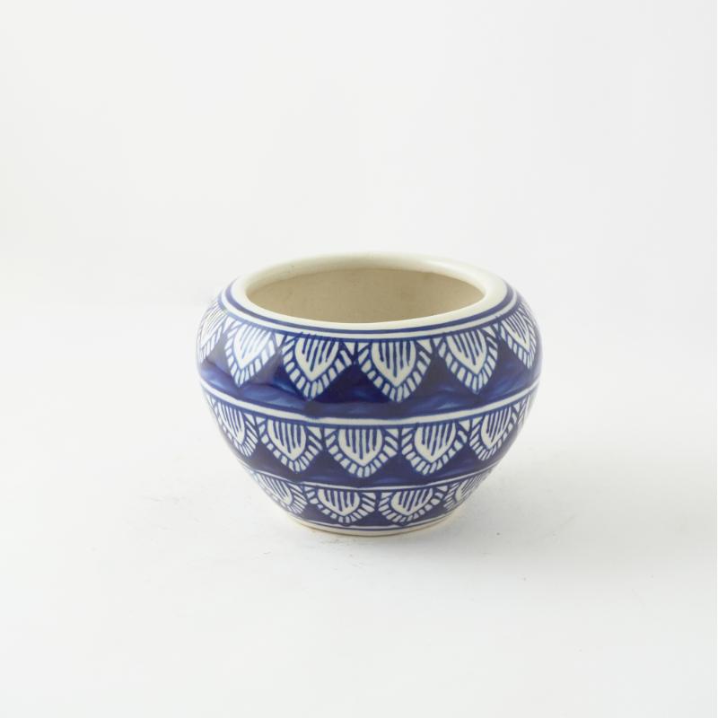 Dark Blue Worli Art Round Ceramic Planter