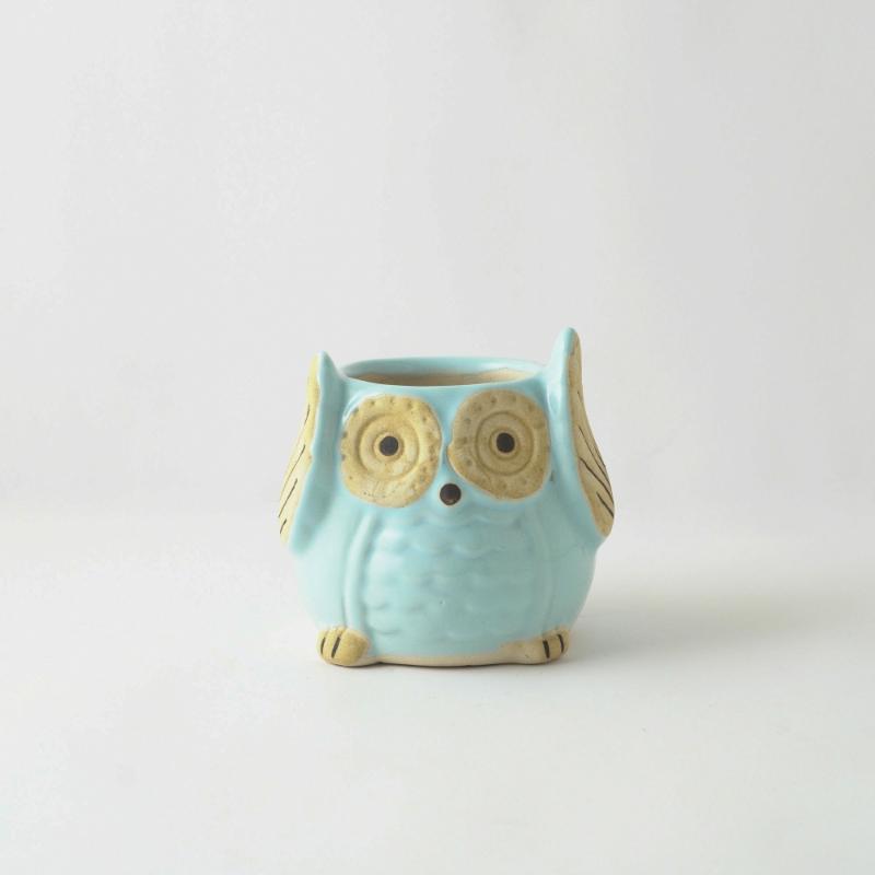 Blue Ceramic Owl Planter