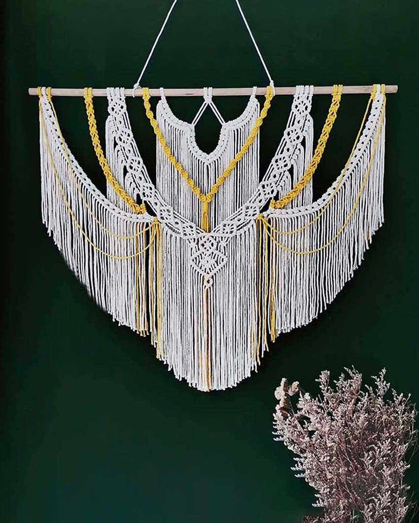 Off-White and Yellow Natural Driftwood Bohemian Decor Macrame Tapestry Wall Hanging | 38 x 38 inches