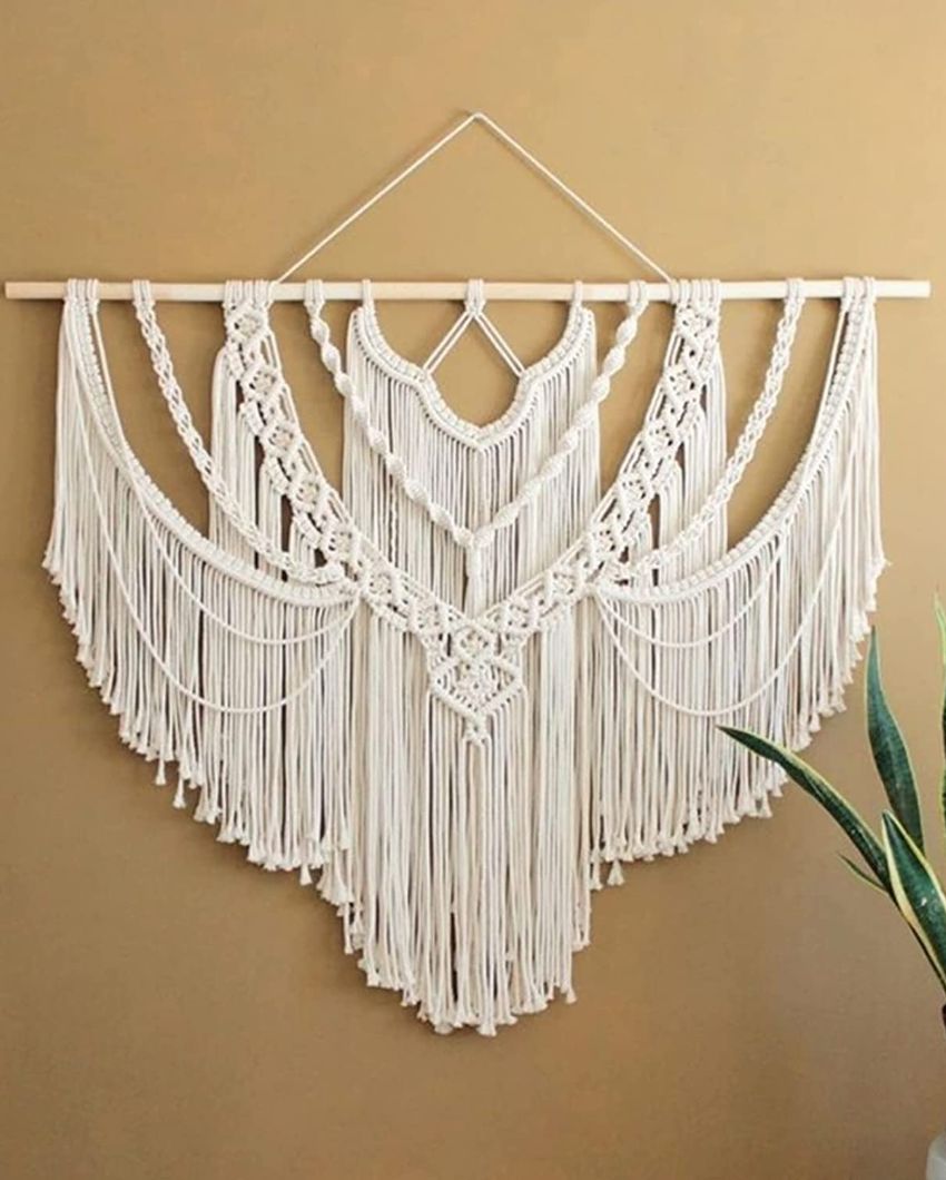 Off-White and Yellow Natural Driftwood Bohemian Decor Macrame Tapestry Wall Hanging | 38 x 38 inches