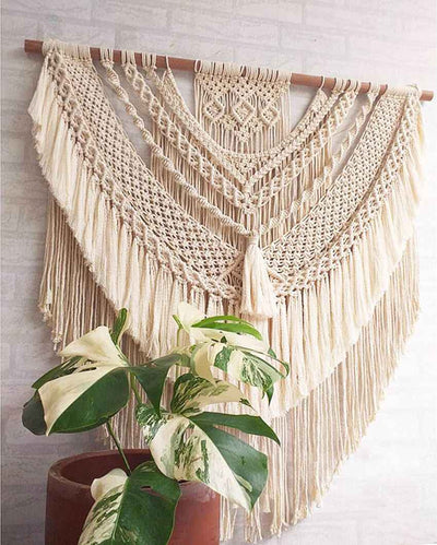 Off-White Natural Driftwood Bohemian Macrame Tapestry Wall Hanging | 40 x 44 inches