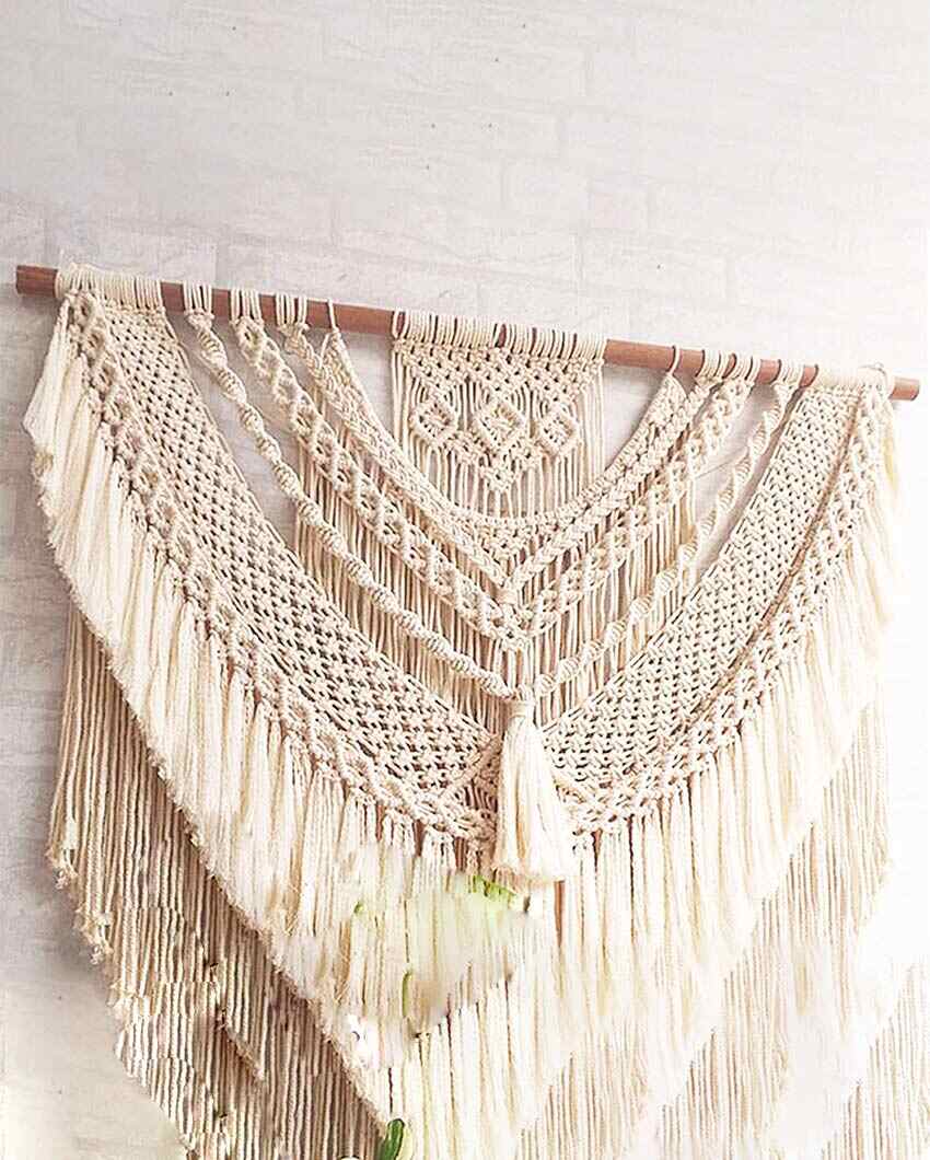 Off-White Natural Driftwood Bohemian Macrame Tapestry Wall Hanging | 40 x 44 inches