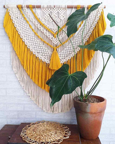 Aesthetic Yellow Natural Driftwood Bohemian Tapestry Macrame Wall Hanging | 40 x 42 inches