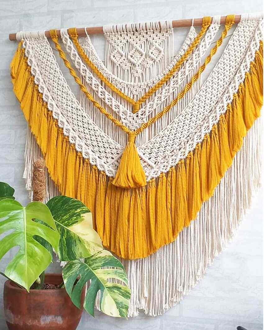 Aesthetic Yellow Natural Driftwood Bohemian Tapestry Macrame Wall Hanging | 40 x 42 inches