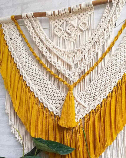 Aesthetic Yellow Natural Driftwood Bohemian Tapestry Macrame Wall Hanging | 40 x 42 inches