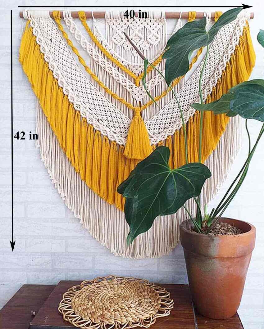 Aesthetic Yellow Natural Driftwood Bohemian Tapestry Macrame Wall Hanging | 40 x 42 inches