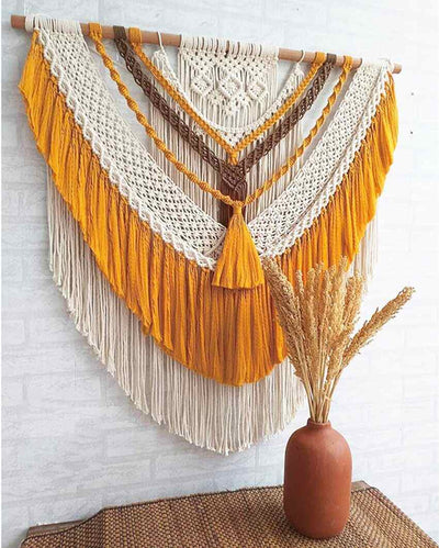 Mustard Natural Driftwood Bohemian Decor Macrame Tapestry Wall Hanging | 40 x 42 inches