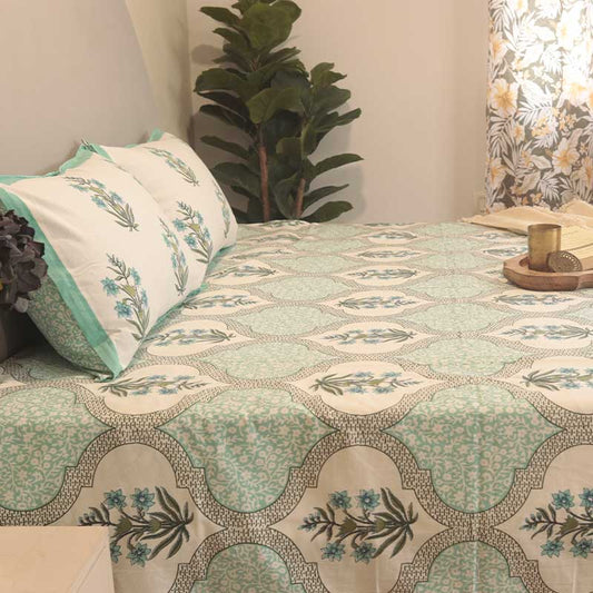 Zoya Turquoise Cotton Bedding Set With Pillow Covers | Double Size | 90 x 108 Inches