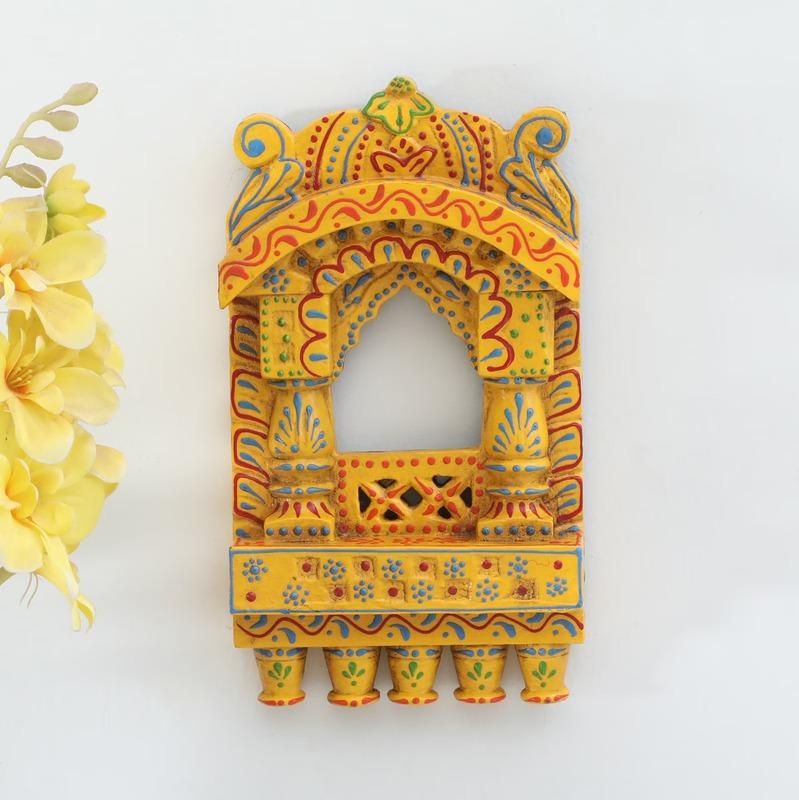 Indian Artistic Small Wooden Jharokha Yellow