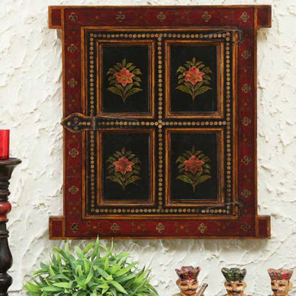 Red Flower Painted Rajasthani Jharokha Wooden Hanging Window Default Title