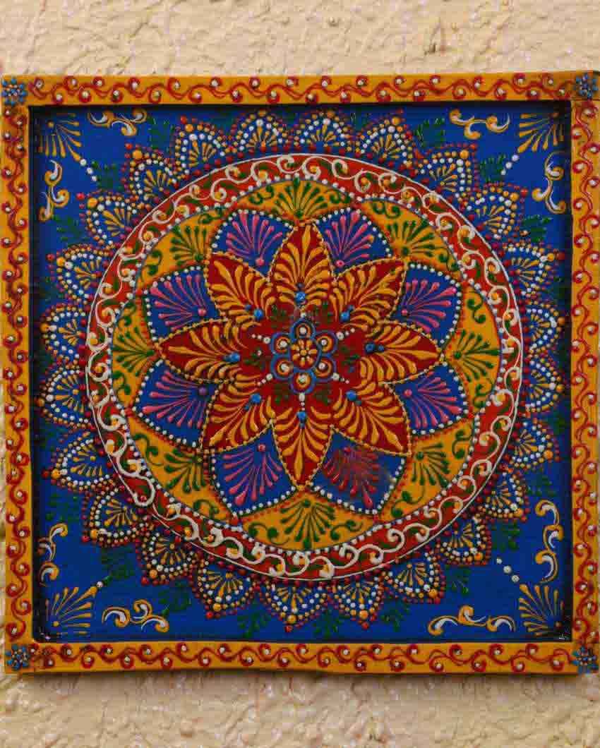 Colorful Rangoli Art Hand Painted Square Wall Plate