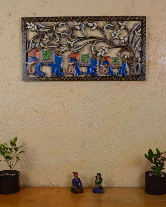 Elephant Family Carved Handpainted Wall Panel