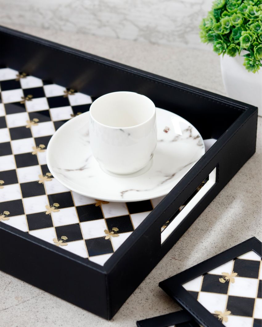 Elegant White & Black Shade Bumblebee Serving Tray | 14 x 10 x 4 inches