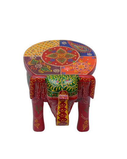 Elephant Shape Painted Wooden Stool Red