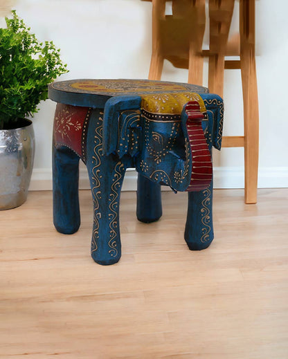 Elephant Shape Painted Wooden Stool Blue