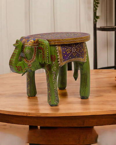 Elephant Shape Painted Wooden Stool Green