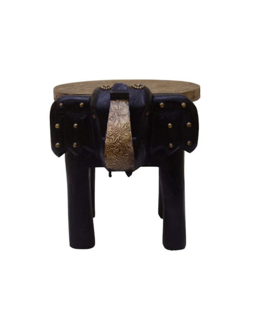 Brass Fitted Elephant Shape Wooden Stool Black