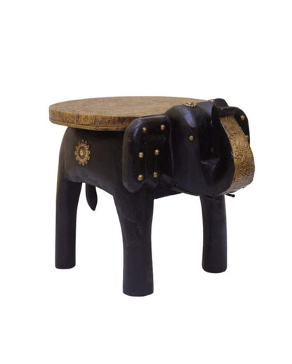 Brass Fitted Elephant Shape Wooden Stool Black
