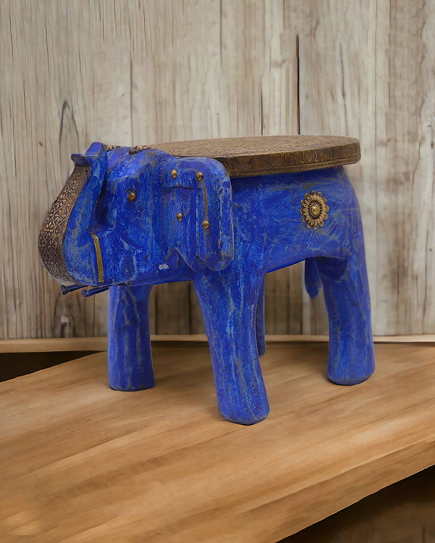 Brass Fitted Elephant Shape Wooden Stool Blue