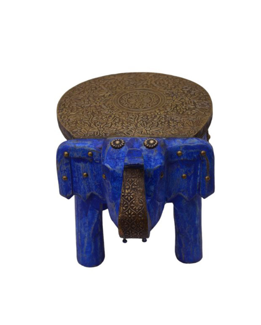 Brass Fitted Elephant Shape Wooden Stool Blue