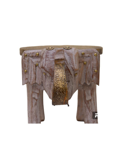Brass Fitted Elephant Shape Wooden Stool Off White
