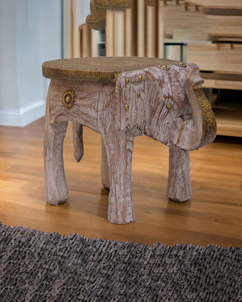 Brass Fitted Elephant Shape Wooden Stool Off White