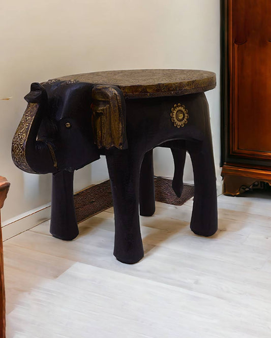 Brass Fitted Elephant Shape Wooden Stool Matt Black