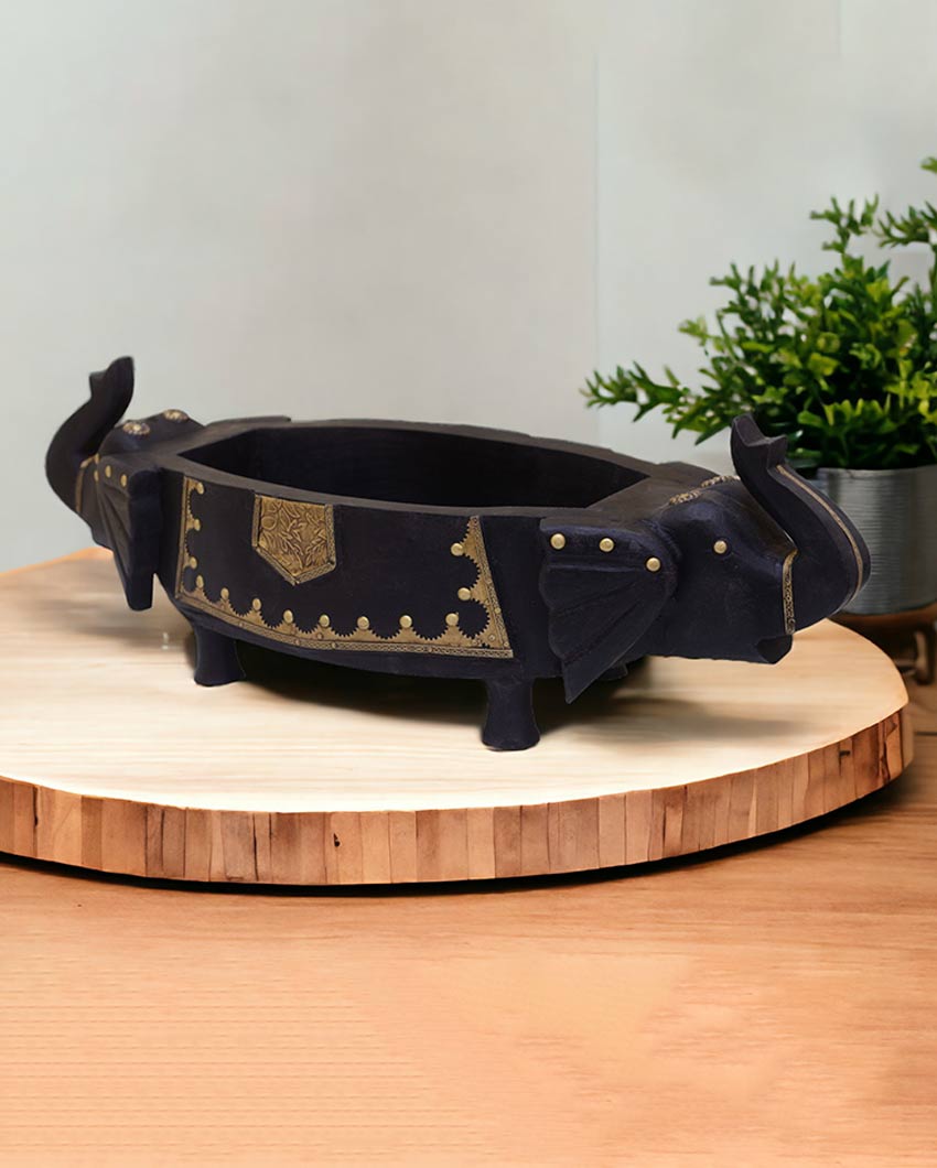 Brass Fitted Elephant Wooden Fruit Bowl Black