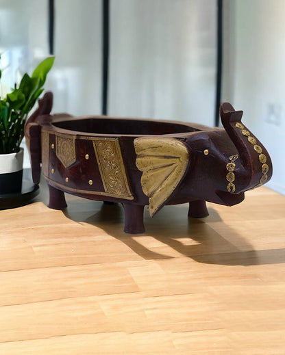 Brass Fitted Elephant Wooden Fruit Bowl Brown