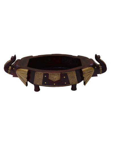 Brass Fitted Elephant Wooden Fruit Bowl Brown