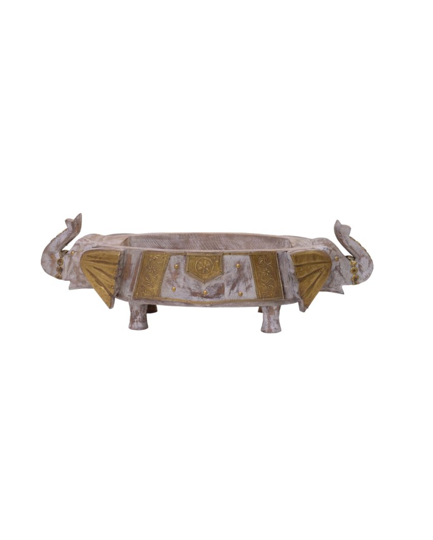 Brass Fitted Elephant Wooden Fruit Bowl Off White