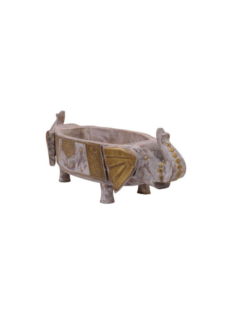 Brass Fitted Elephant Wooden Fruit Bowl Off White