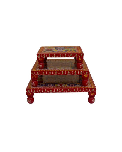 Vintage Wooden Painted Bajot Choki | Set Of 3 Red