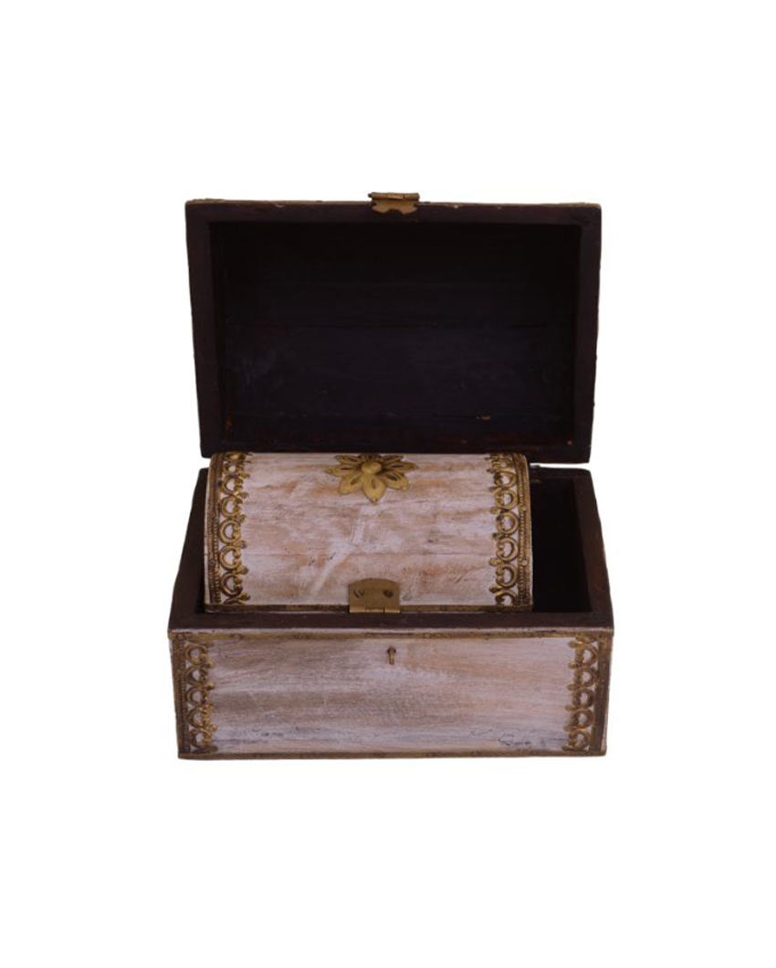 Semi Brass Fitted Wooden Boxes | Set Of 2 White