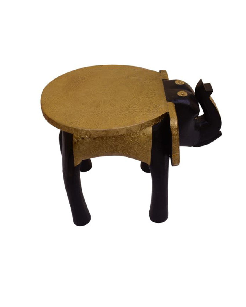 Brass Fitted Elephant Wooden Stool Black