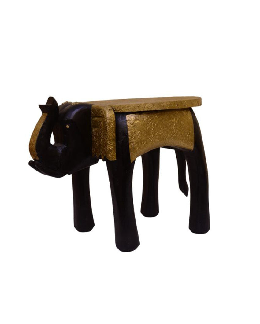 Brass Fitted Elephant Wooden Stool Black