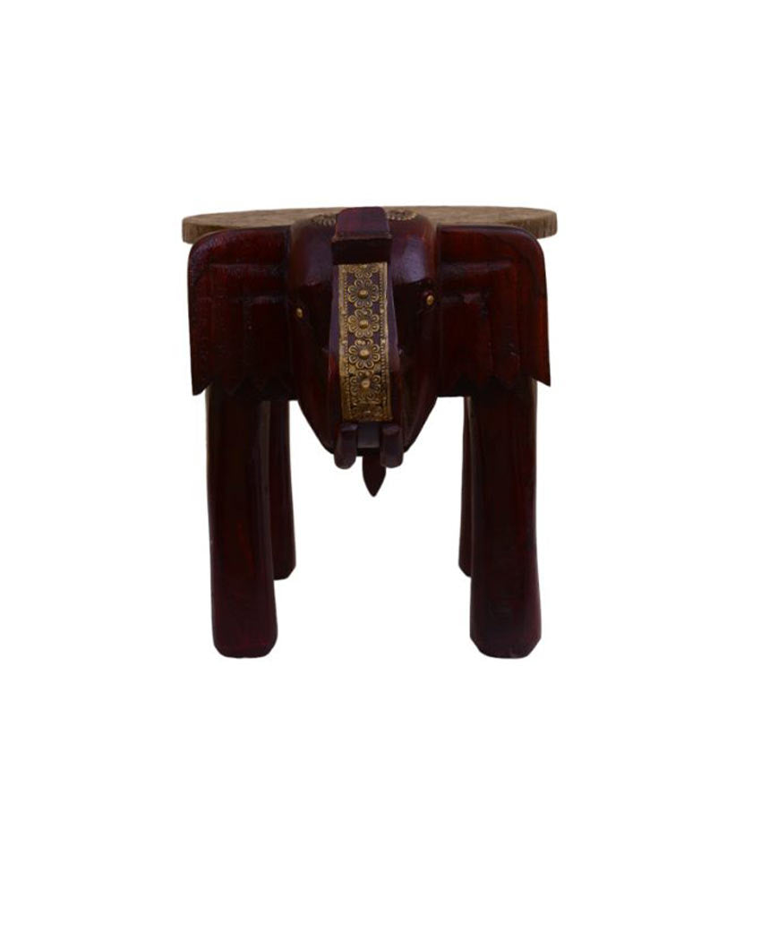 Brass Fitted Elephant Wooden Stool Brown