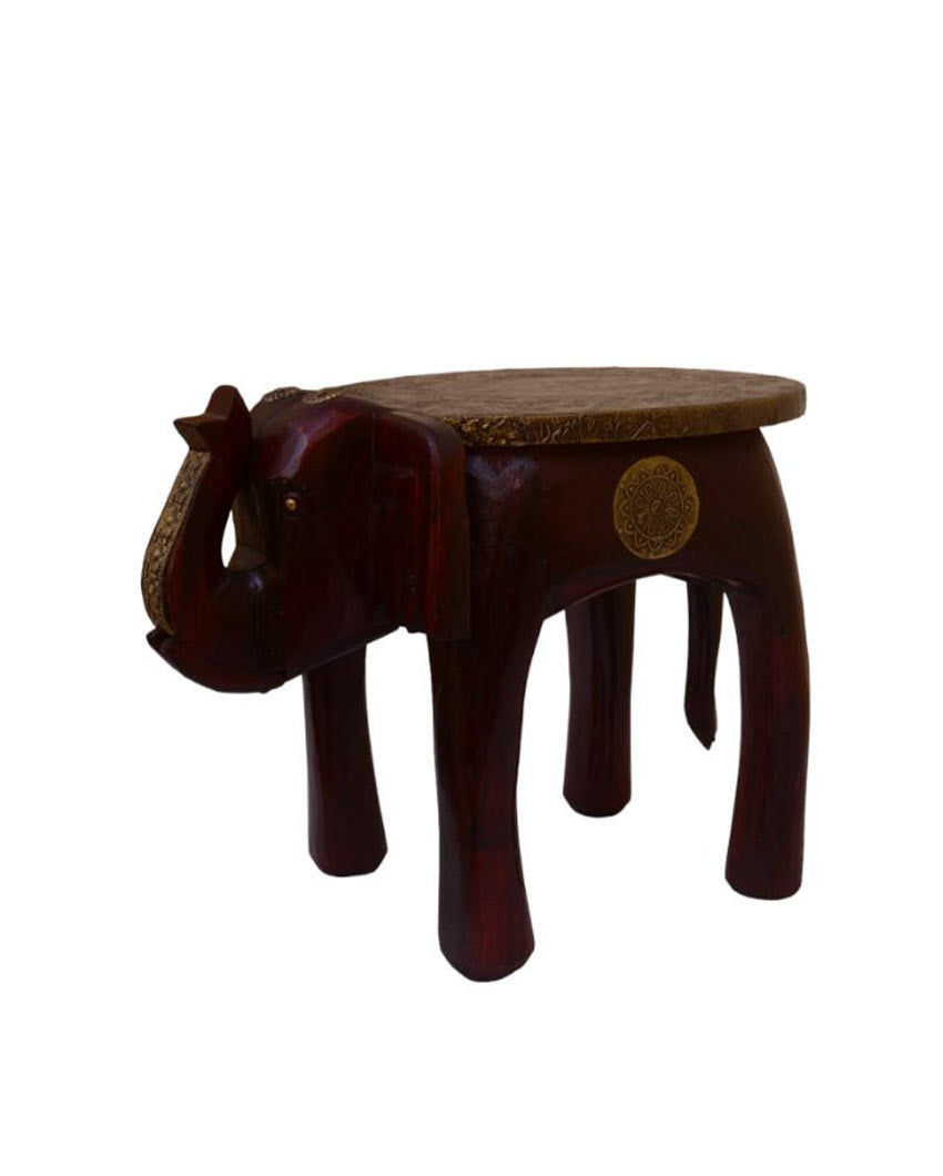 Brass Fitted Elephant Wooden Stool Brown