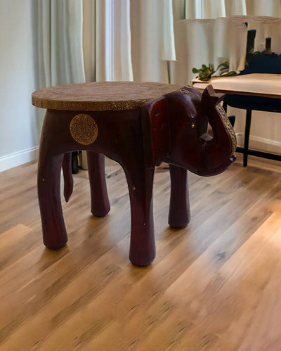 Brass Fitted Elephant Wooden Stool Brown