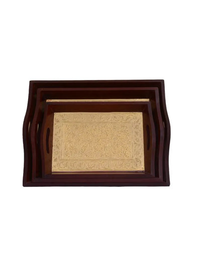 Brown Brass Fitted Wooden Trays | Set Of 3