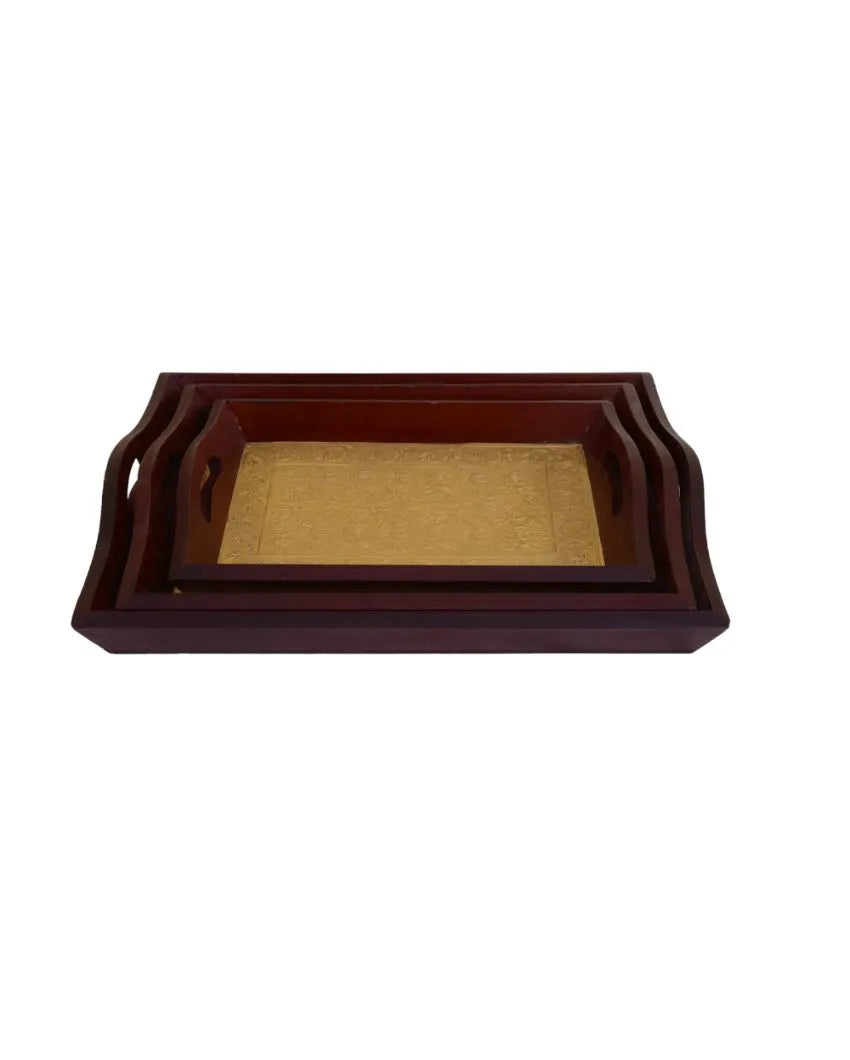 Brown Brass Fitted Wooden Trays | Set Of 3