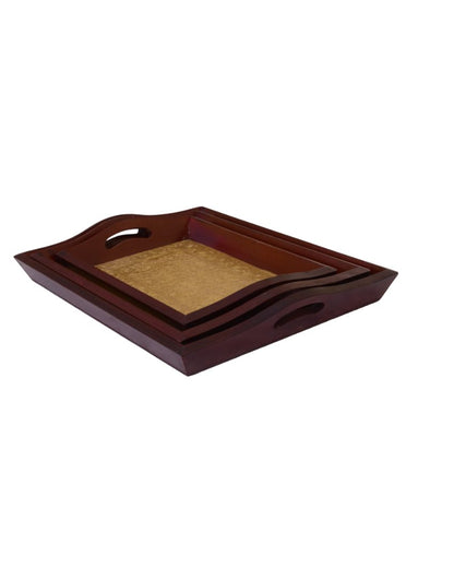 Brown Brass Fitted Wooden Trays | Set Of 3