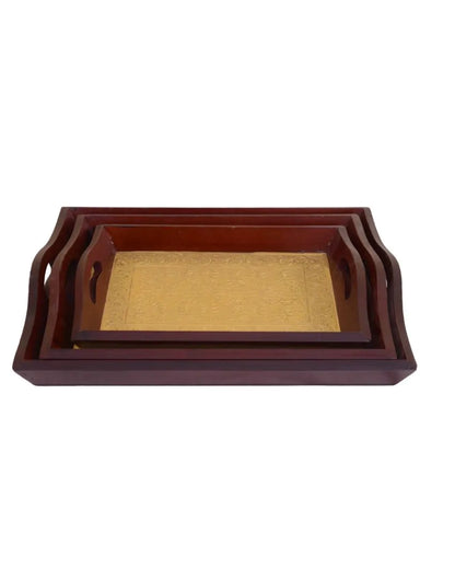 Brown Brass Fitted Wooden Trays | Set Of 3