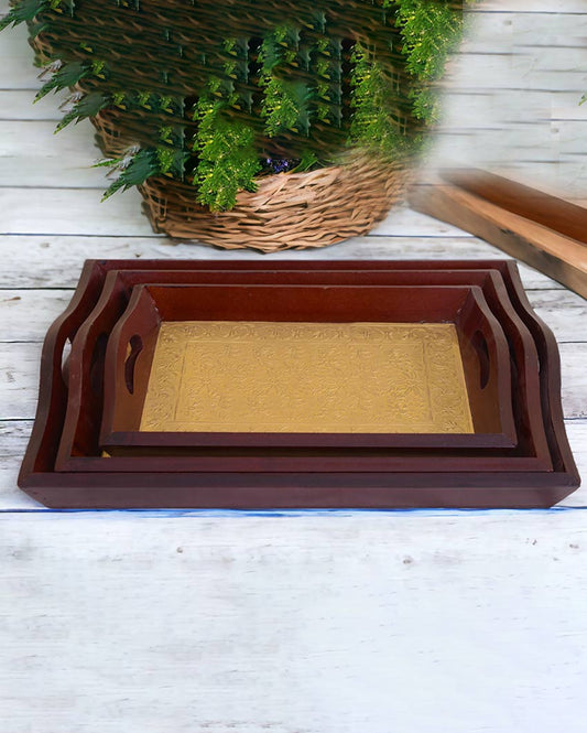 Brown Brass Fitted Wooden Trays | Set Of 3