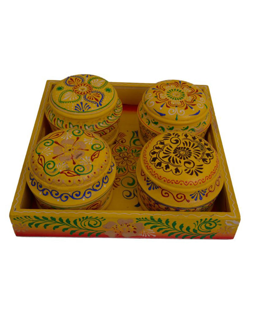 Painted Wooden Dryfruit Tray with 4 Bowls Set Yellow