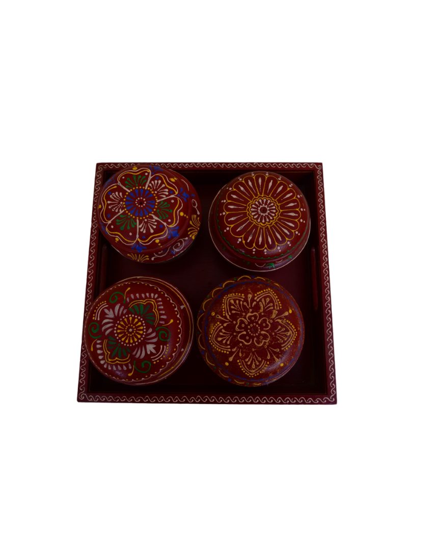 Painted Wooden Dryfruit Tray with 4 Bowls Set Maroon