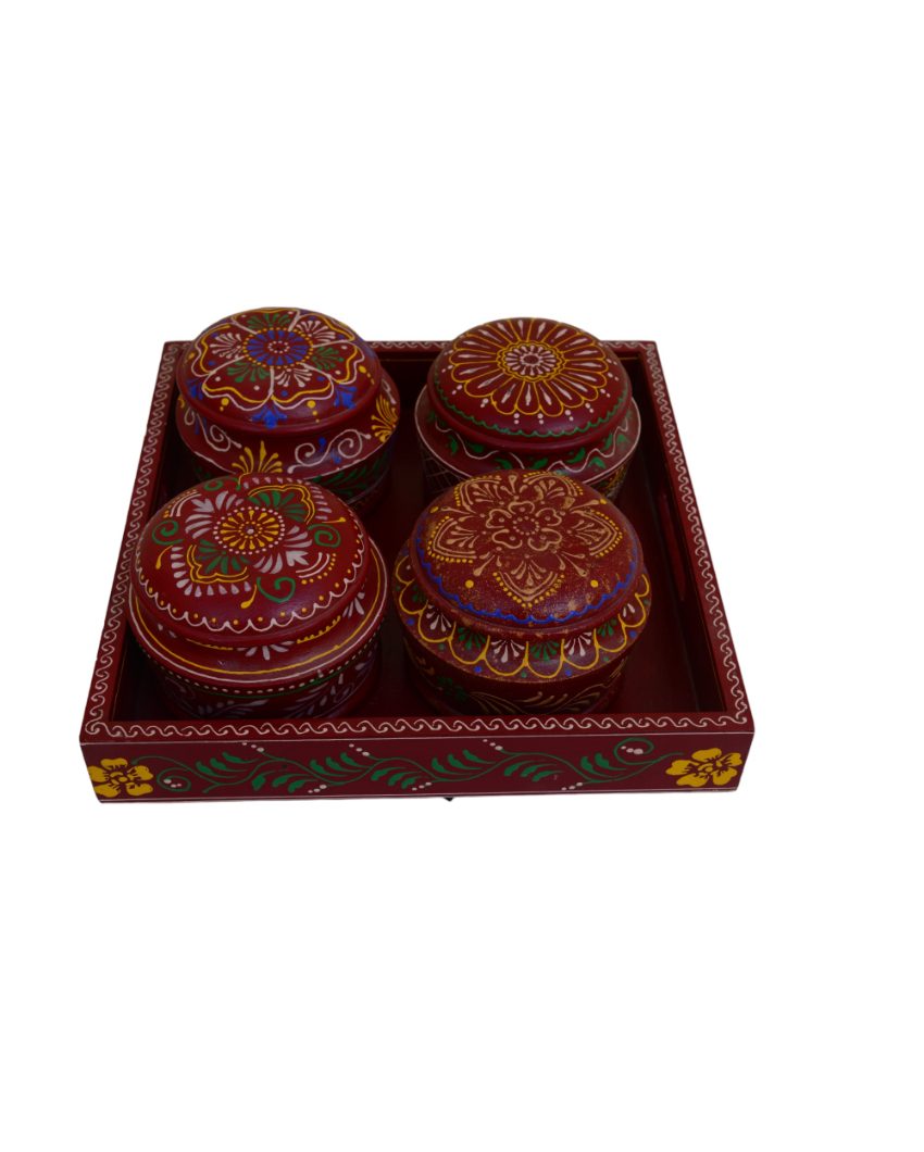Painted Wooden Dryfruit Tray with 4 Bowls Set Maroon