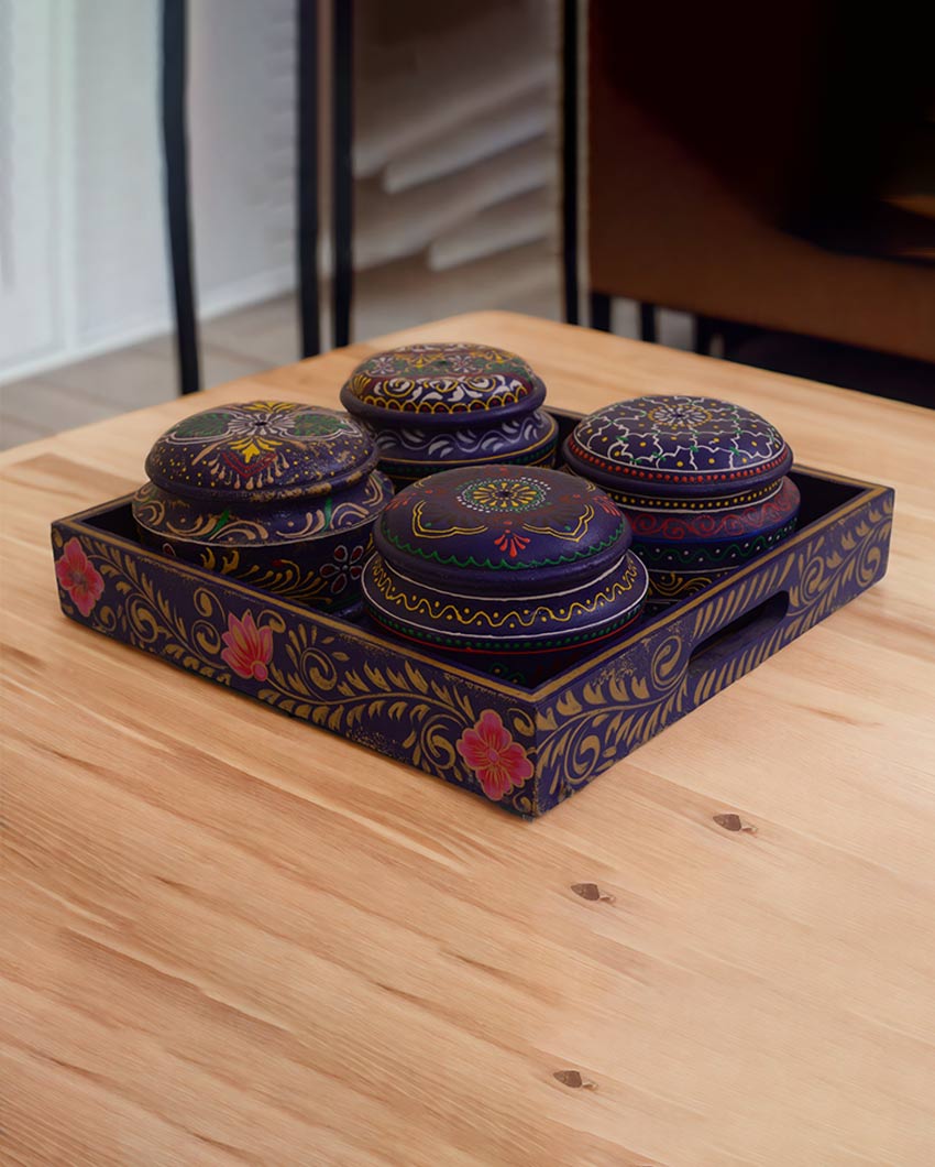 Painted Wooden Dryfruit Tray with 4 Bowls Set Blue