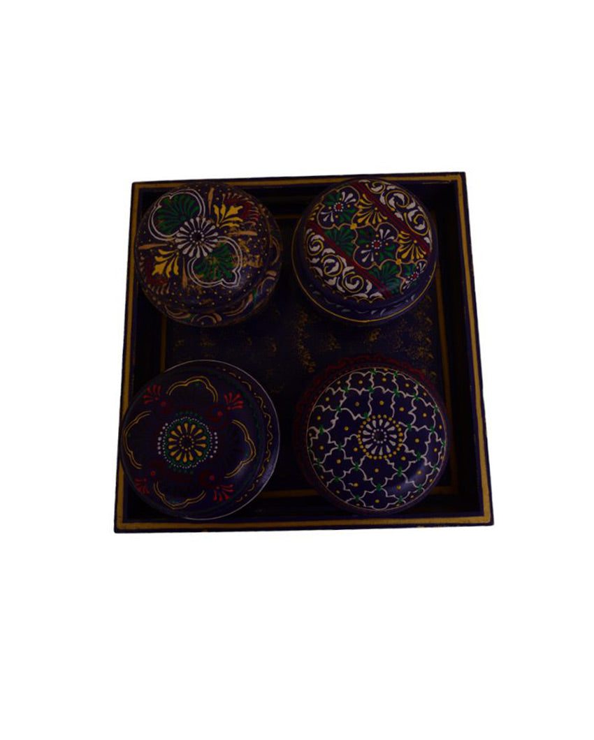 Painted Wooden Dryfruit Tray with 4 Bowls Set Blue