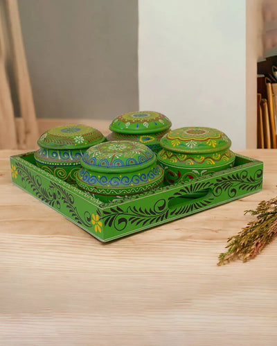 Painted Wooden Dryfruit Tray with 4 Bowls Set Green